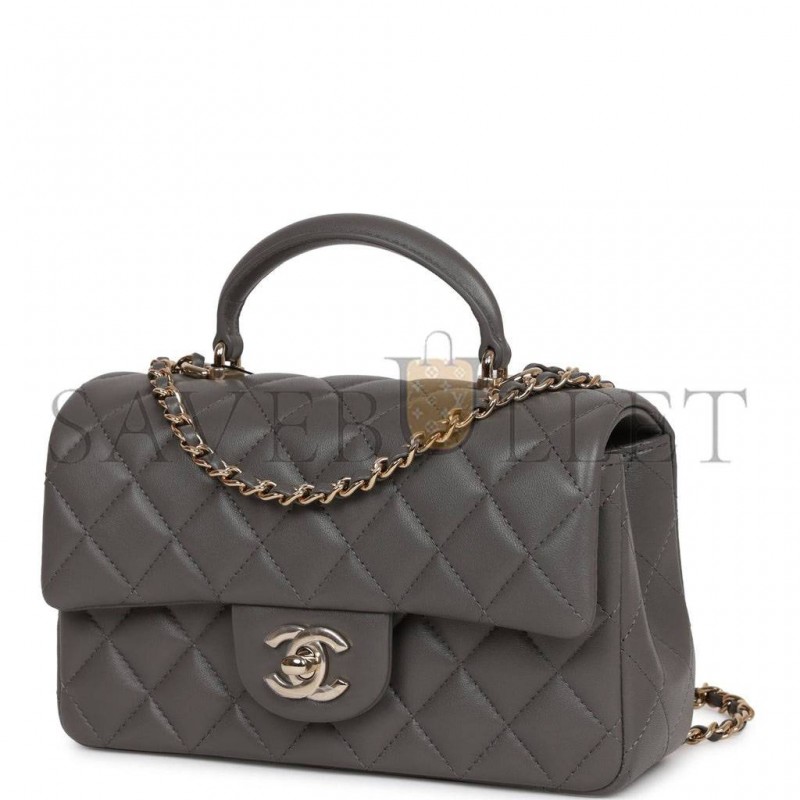 CHANEL MINI RECTANGULAR FLAP BAG WITH TOP HANDLE DARK GREY LAMBSKIN LIGHT GOLD HARDWARE (22*15*8cm) CHANEL MINI RECTANGULAR FLAP BAG WITH TOP HANDLE DARK GREY LAMBSKIN LIGHT GOLD HARDWARE (22*15*8cm)