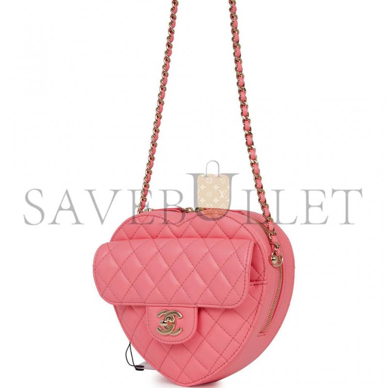 CHANEL CC IN LOVE LARGE HEART BAG PINK LAMBSKIN LIGHT GOLD HARDWARE (20*18*6cm)