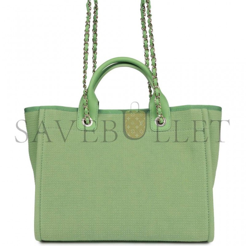 CHANEL SMALL DEAUVILLE SHOPPING BAG GREEN BOUCLE LIGHT GOLD HARDWARE (34*27*15cm)