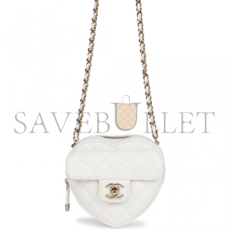 CHANEL CC IN LOVE HEART CLUTCH WITH CHAIN WHITE LAMBSKIN LIGHT GOLD HARDWARE (13*13*5cm)