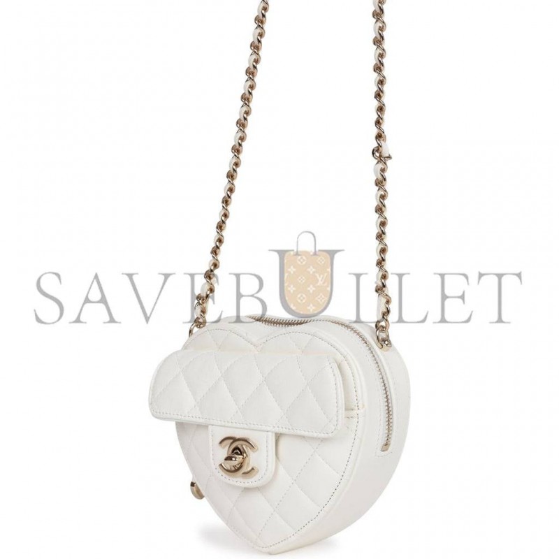 CHANEL CC IN LOVE HEART CLUTCH WITH CHAIN WHITE LAMBSKIN LIGHT GOLD HARDWARE (13*13*5cm)