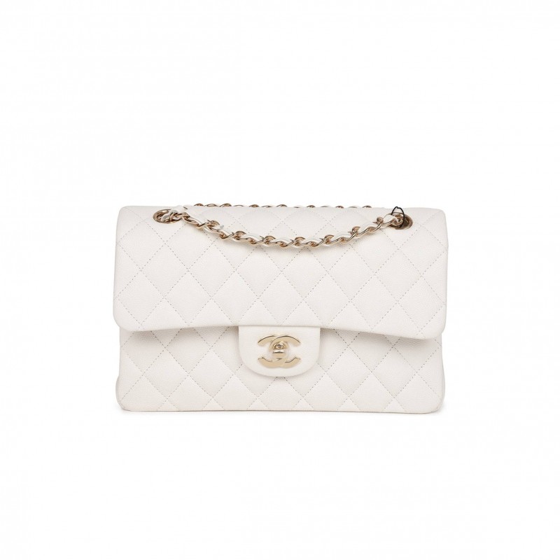 CHANEL SMALL CLASSIC DOUBLE FLAP WHITE CAVIAR  GOLD HARDWARE (23*13*6cm)