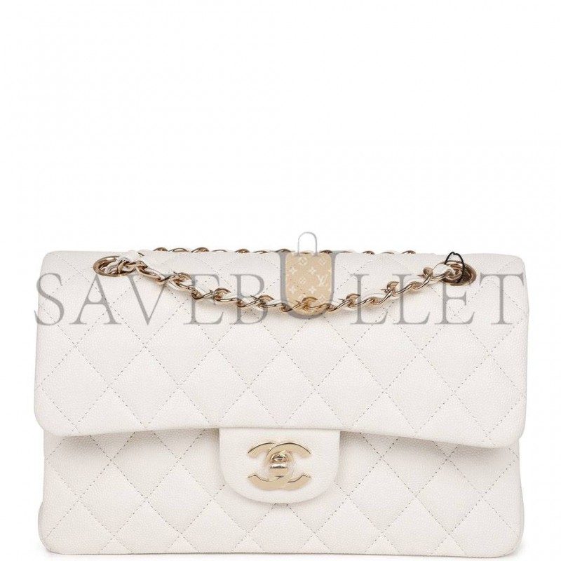 CHANEL SMALL CLASSIC DOUBLE FLAP WHITE CAVIAR  GOLD HARDWARE (23*13*6cm)