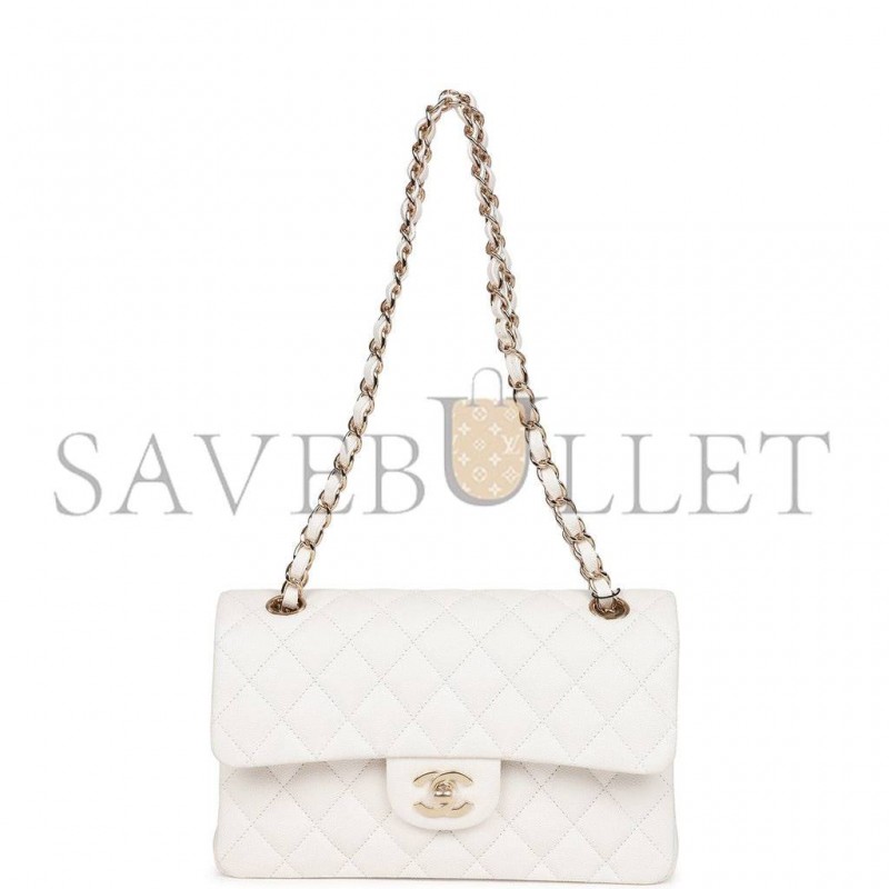 CHANEL SMALL CLASSIC DOUBLE FLAP WHITE CAVIAR  GOLD HARDWARE (23*13*6cm)