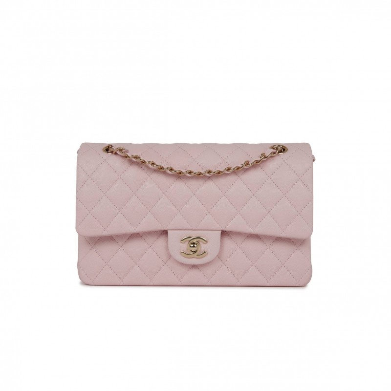 CHANEL MEDIUM CLASSIC DOUBLE FLAP BAG LIGHT PINK CAVIAR LIGHT GOLD HARDWARE (25.5*15.2*7cm)