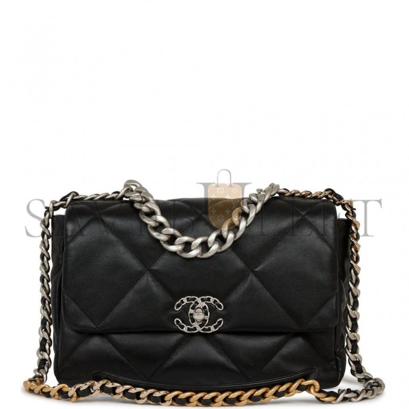 CHANEL LARGE 19 FLAP BAG BLACK LAMBSKIN MIXED HARDWARE (30*20*9cm)