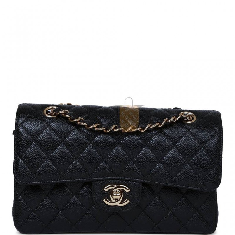 CHANEL SMALL CLASSIC DOUBLE FLAP BAG BLACK CAVIAR GOLD HARDWARE (23*15*6cm)