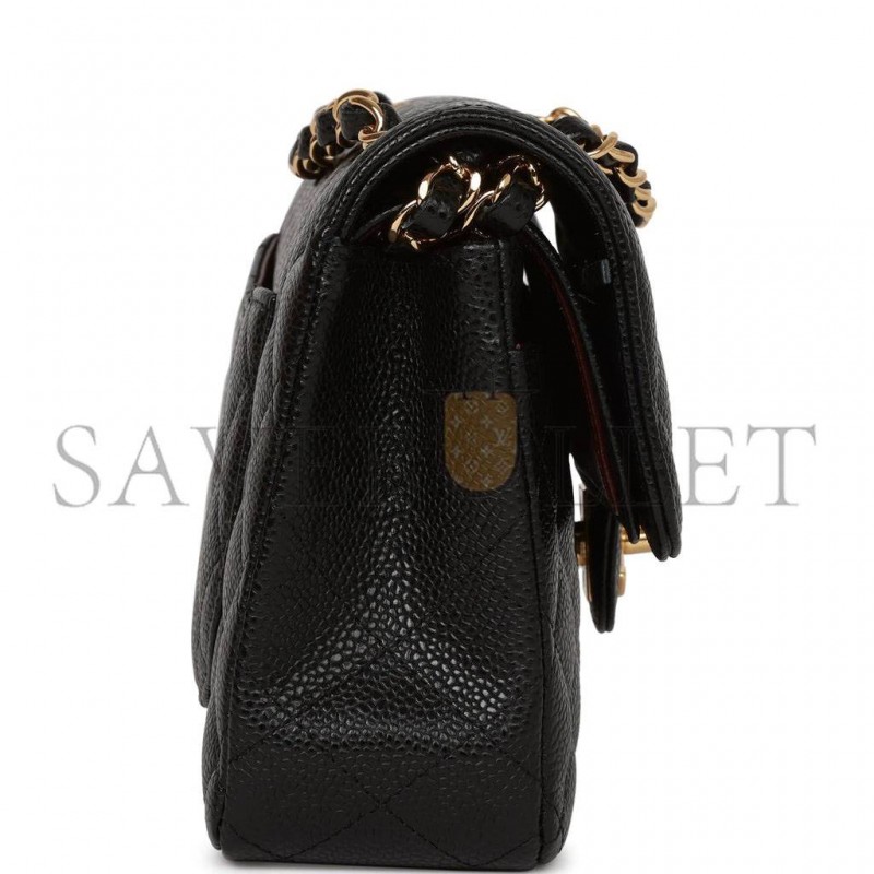 CHANEL SMALL CLASSIC DOUBLE FLAP BAG BLACK CAVIAR GOLD HARDWARE (23*15*6cm)