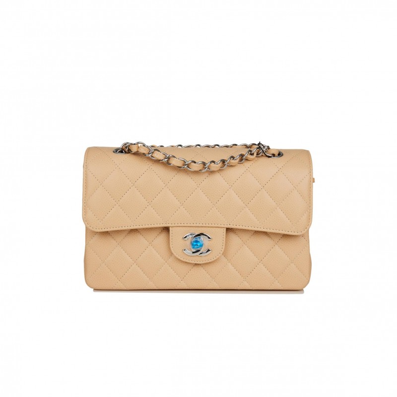 CHANEL SMALL CLASSIC DOUBLE FLAP BAG BEIGE CAVIAR SILVER HARDWARE (23*13*6cm) CHANEL SMALL CLASSIC DOUBLE FLAP BAG BEIGE CAVIAR SILVER HARDWARE (23*13*6cm)