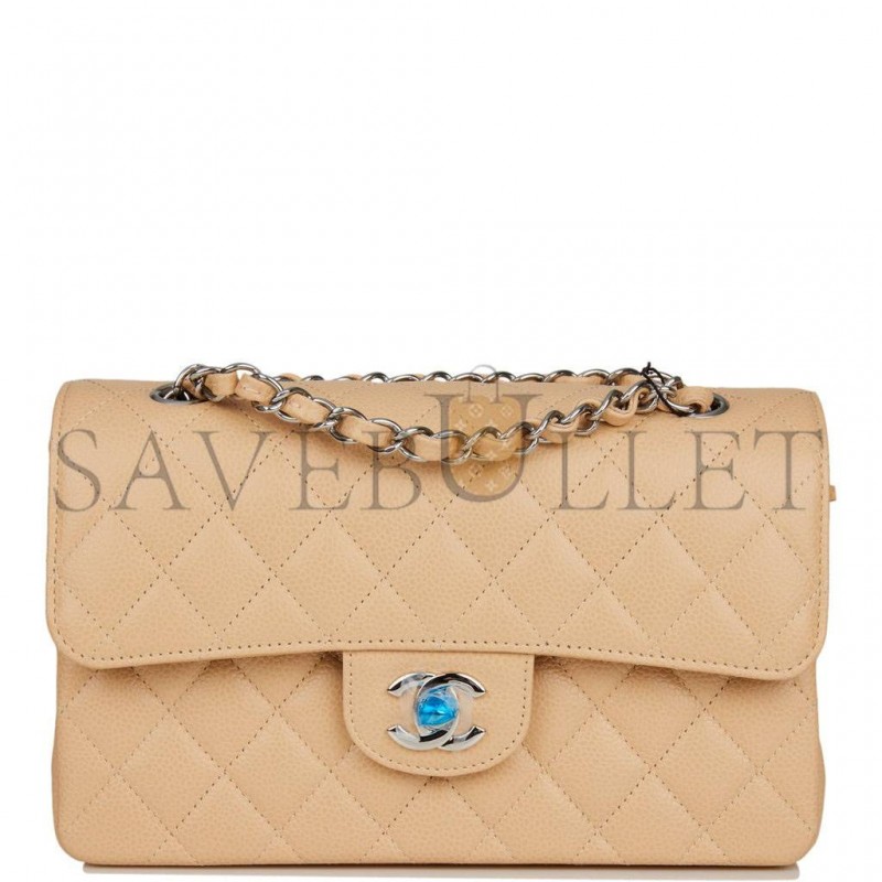 CHANEL SMALL CLASSIC DOUBLE FLAP BAG BEIGE CAVIAR SILVER HARDWARE (23*13*6cm) CHANEL SMALL CLASSIC DOUBLE FLAP BAG BEIGE CAVIAR SILVER HARDWARE (23*13*6cm)