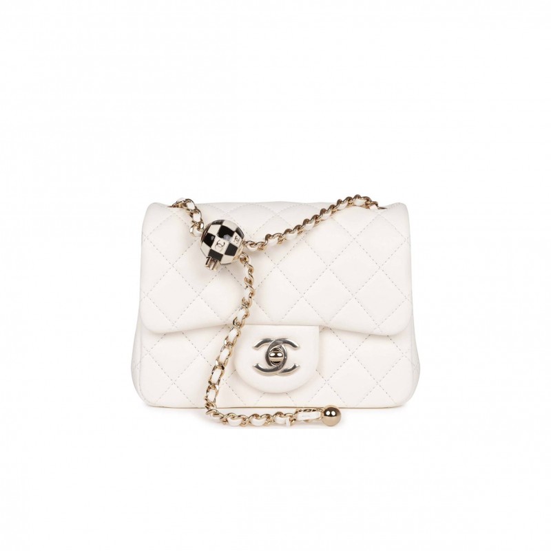 CHANEL PEARL CRUSH MINI SQUARE FLAP BAG WHITE LAMBSKIN LIGHT GOLD HARDWARE (17*14*8cm)