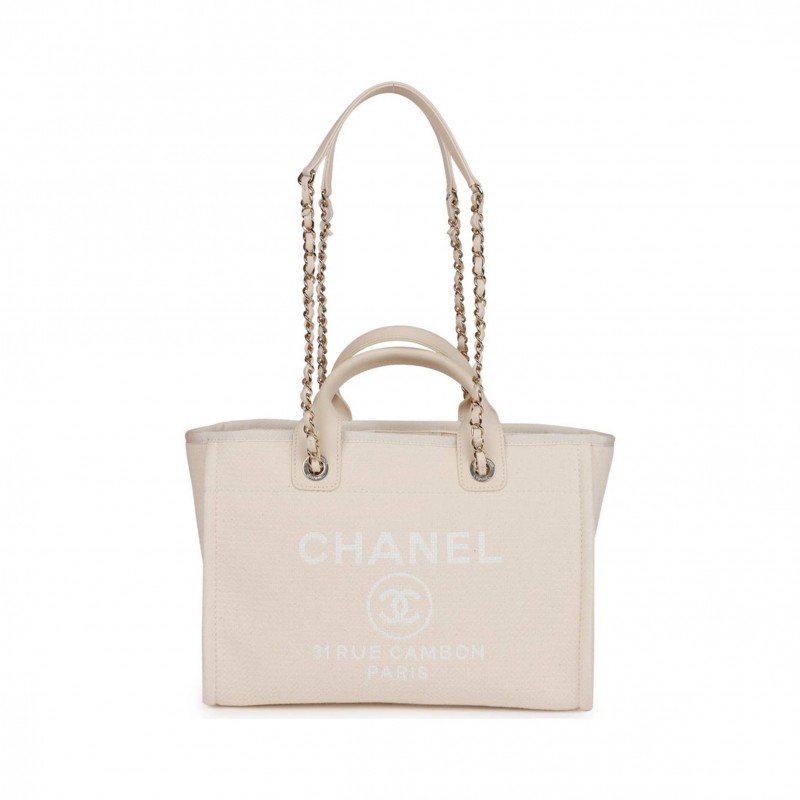 CHANEL SMALL DEAUVILLE SHOPPING BAG WHITE BOUCLE LIGHT GOLD HARDWARE (34*27*15cm)