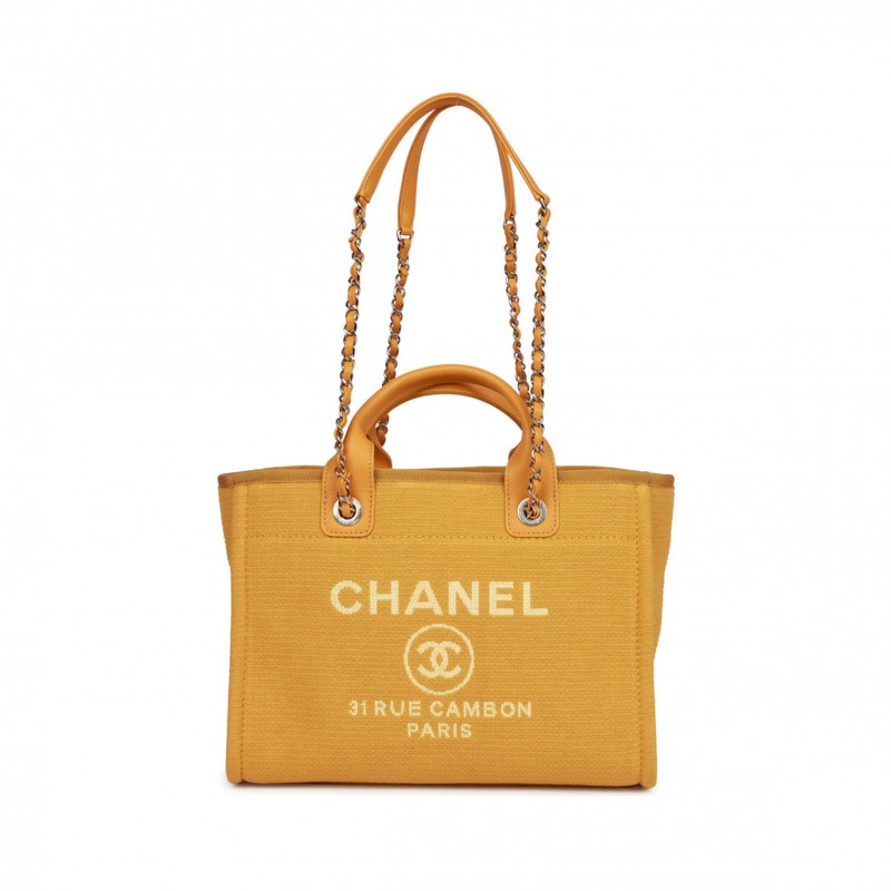 CHANEL SMALL DEAUVILLE SHOPPING BAG DARK YELLOW BOUCLE LIGHT GOLD HARDWARE (34*27*15cm)