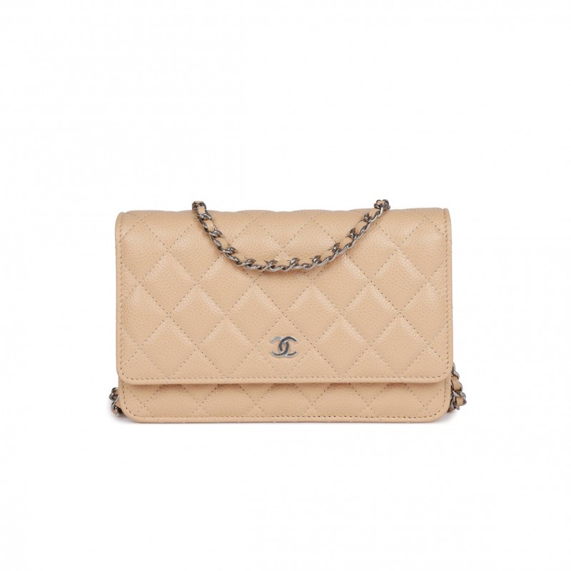 CHANEL WALLET ON CHAIN WOC BEIGE CAVIAR SILVER HARDWARE (19*12*4cm)