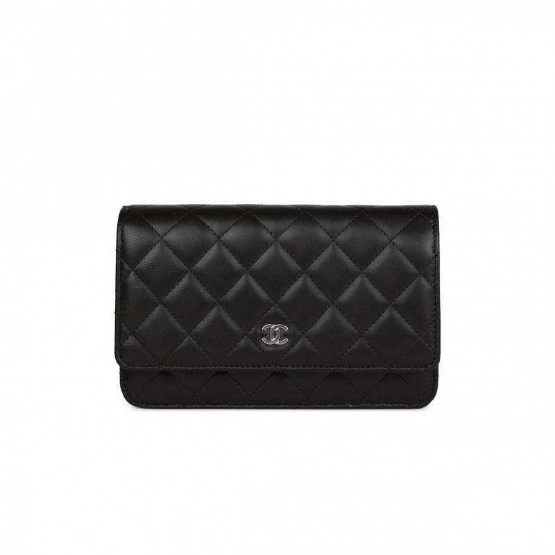 CHANEL WALLET ON CHAIN WOC BLACK LAMBSKIN SILVER HARDWARE (19*12*4cm)