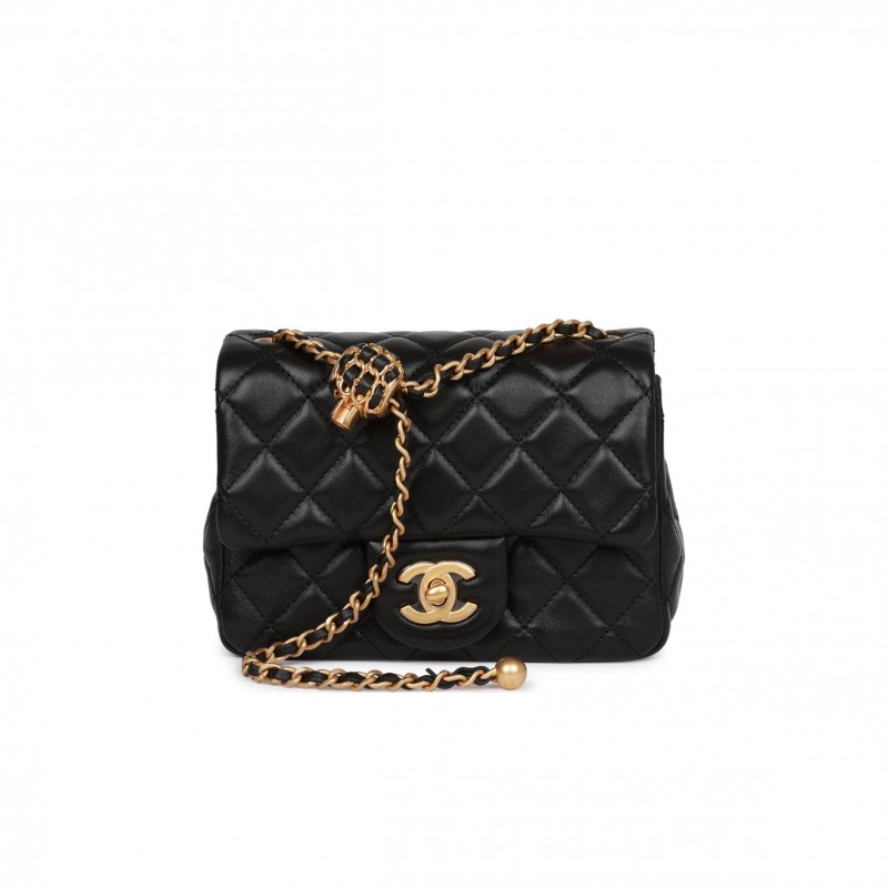 CHANEL PEARL CRUSH MINI SQUARE FLAP BAG BLACK LAMBSKIN ANTIQUE GOLD HARDWARE (17*14*8cm)