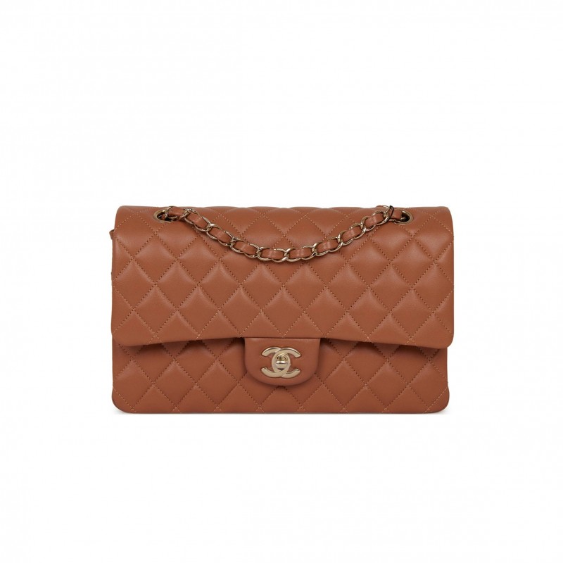 CHANEL MEDIUM CLASSIC DOUBLE FLAP BAG CARAMEL LAMBSKIN LIGHT GOLD HARDWARE (25*15*7cm)