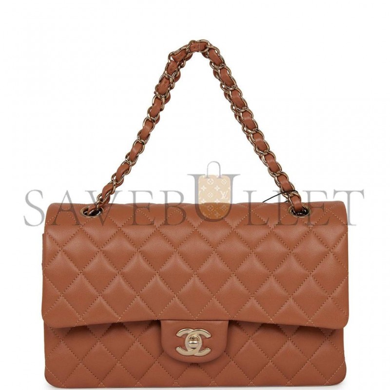 CHANEL MEDIUM CLASSIC DOUBLE FLAP BAG CARAMEL LAMBSKIN LIGHT GOLD HARDWARE (25*15*7cm)