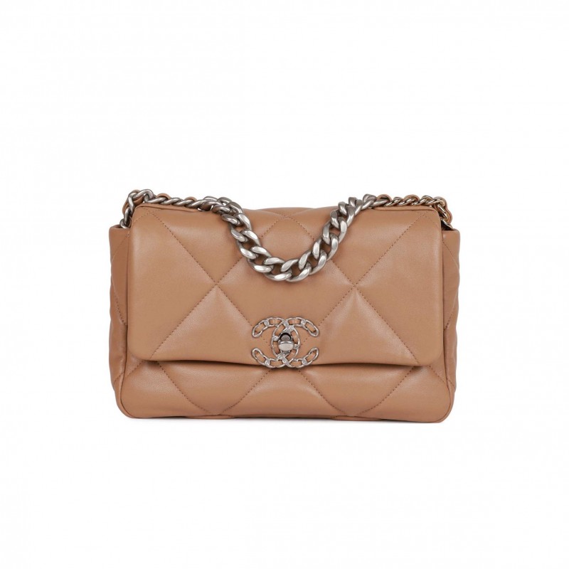 CHANEL MEDIUM 19 FLAP BAG BEIGE CALFSKIN MIXED HARDWARE (25*16*9cm)