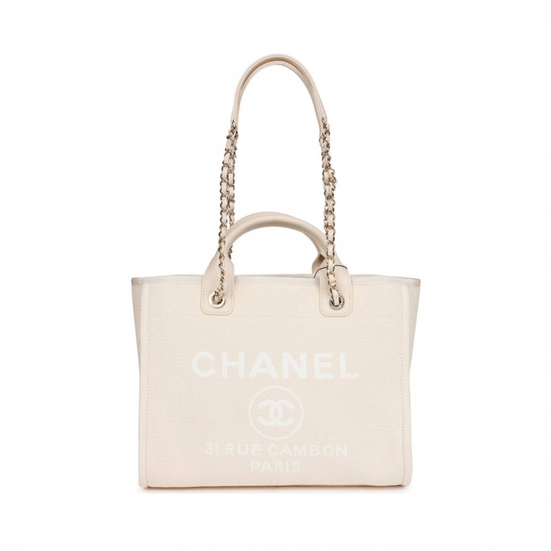 CHANEL LARGE DEAUVILLE SHOPPING BAG WHITE BOUCLE LIGHT GOLD HARDWARE (41*28*15cm)