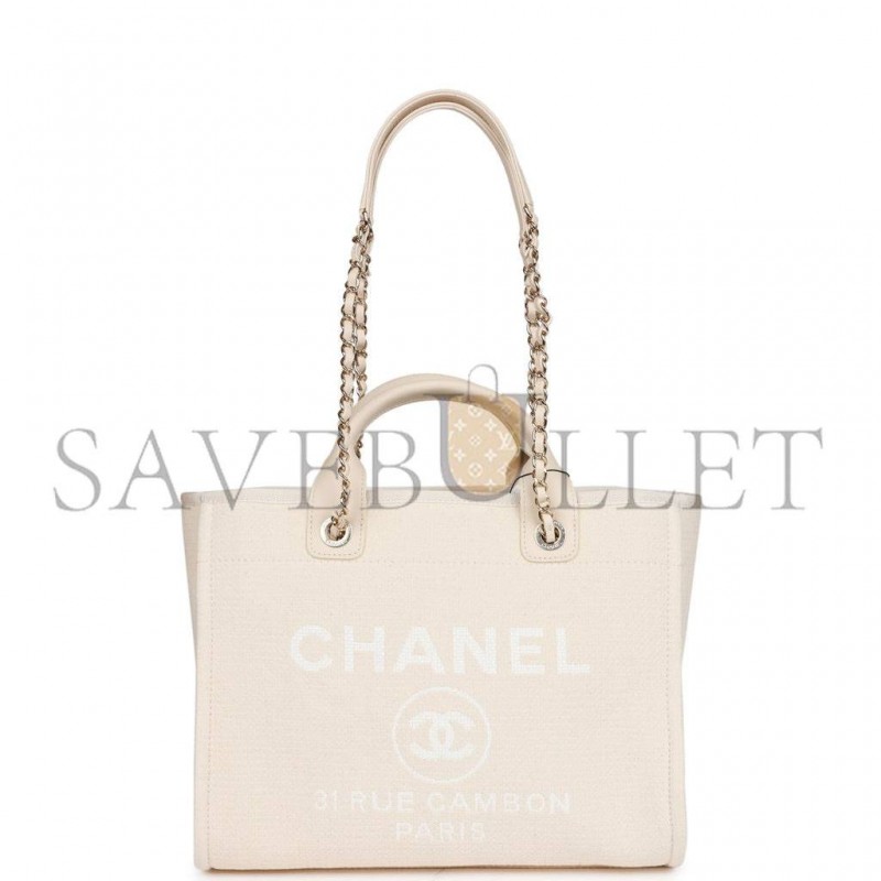 CHANEL LARGE DEAUVILLE SHOPPING BAG WHITE BOUCLE LIGHT GOLD HARDWARE (41*28*15cm)