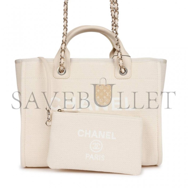 CHANEL LARGE DEAUVILLE SHOPPING BAG WHITE BOUCLE LIGHT GOLD HARDWARE (41*28*15cm)