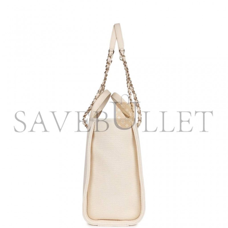 CHANEL LARGE DEAUVILLE SHOPPING BAG WHITE BOUCLE LIGHT GOLD HARDWARE (41*28*15cm)