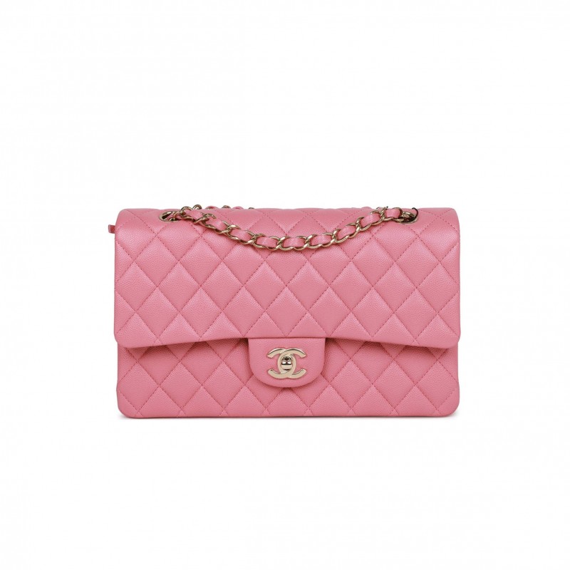 CHANEL MEDIUM CLASSIC DOUBLE FLAP BAG DARK PINK CAVIAR LIGHT GOLD HARDWARE (25*15*7cm)