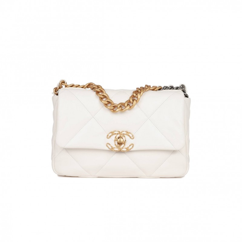 CHANEL MEDIUM 19 FLAP BAG WHITE CALFSKIN MIXED HARDWARE (25*16*9cm)