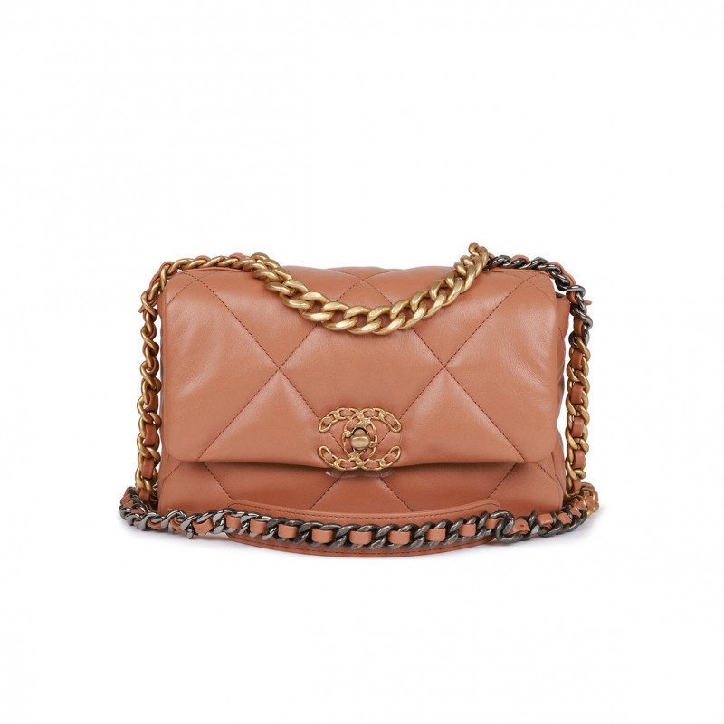 CHANEL MEDIUM 19 FLAP BAG CARAMEL CALFSKIN MIXED HARDWARE (25*16*9cm)