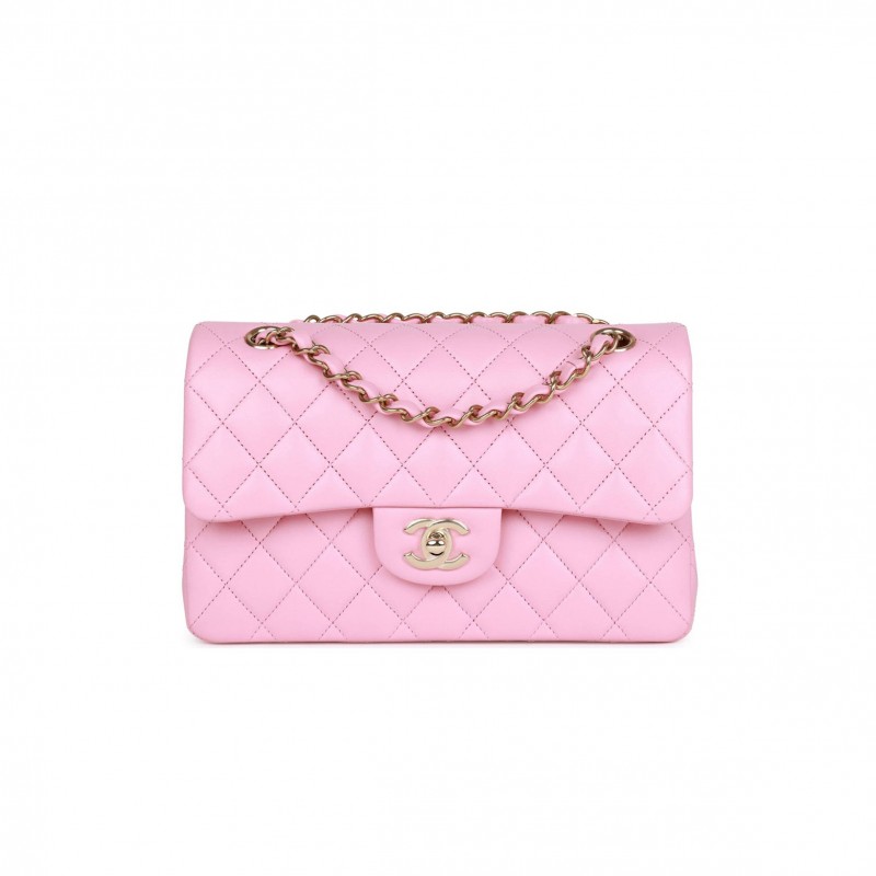 CHANEL SMALL CLASSIC DOUBLE FLAP PINK LAMBSKIN LIGHT GOLD HARDWARE (23*13*6cm)