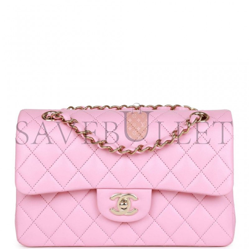 CHANEL SMALL CLASSIC DOUBLE FLAP PINK LAMBSKIN LIGHT GOLD HARDWARE (23*13*6cm)