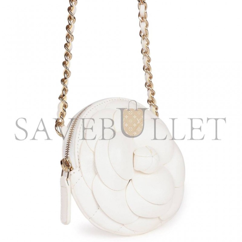 CHANEL CAMELLIA CLUTCH WITH CHAIN WHITE LAMBSKIN LIGHT GOLD HARDWARE (13*13*5cm)