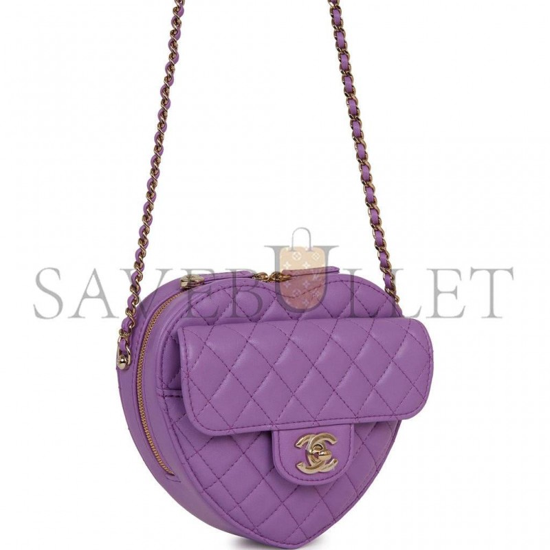 CHANEL CC IN LOVE LARGE HEART BAG PURPLE LAMBSKIN LIGHT GOLD HARDWARE (20*18*6cm)