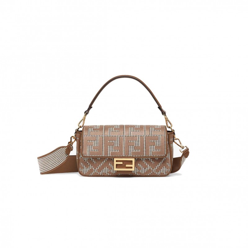 FENDI BAGUETTE - BROWN HOUNDSTOOTH WOOL BAG WITH FF EMBROIDERY 8BR600AKRZF1IRG (27*15*6cm)