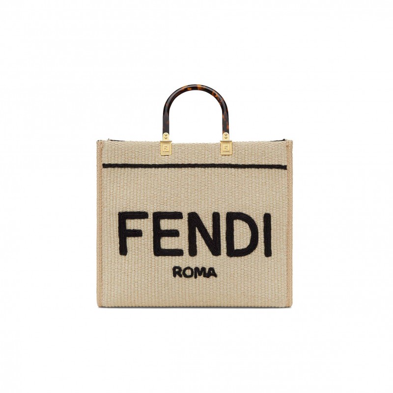 FENDI SUNSHINE MEDIUM - BEIGE AND BLACK STRAW SHOPPER 8BH386AKRPF1CBX (35*31*17cm)