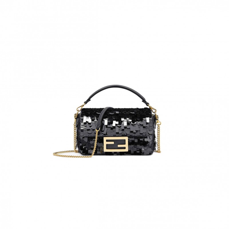 FENDI BAGUETTE MINI - BLACK SEQUIN AND LEATHER BAG 8BS017AMP0F0KUR (20*13*5cm)