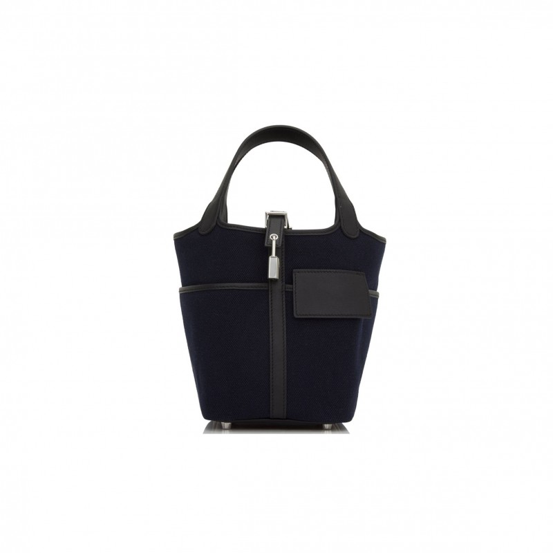 HERMES PICOTIN CARGO 18 BLEU MARINE AND BLACK SWIFT AND TOILE CANVAS PALLADIUM HARDWAR(18*13*18cm)