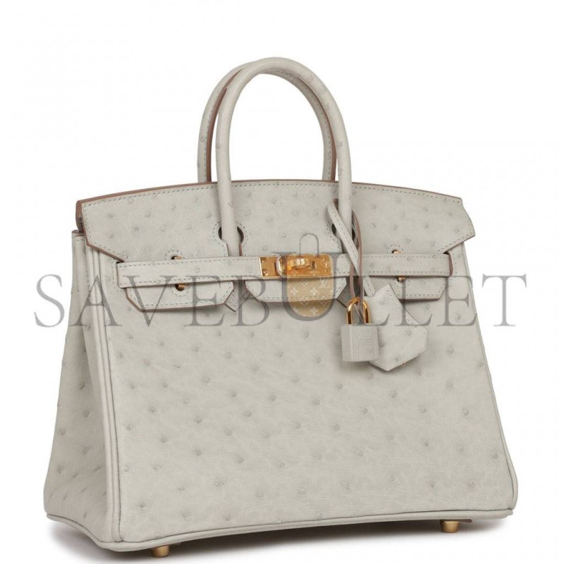 HERMES BIRKIN 25 GRIS PERLE OSTRICH GOLD HARDWARE HANDMADE (25cm)