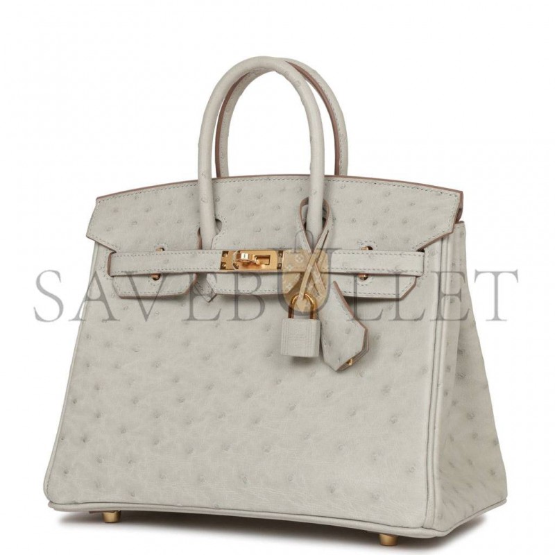 HERMES BIRKIN 25 GRIS PERLE OSTRICH GOLD HARDWARE HANDMADE (25cm)