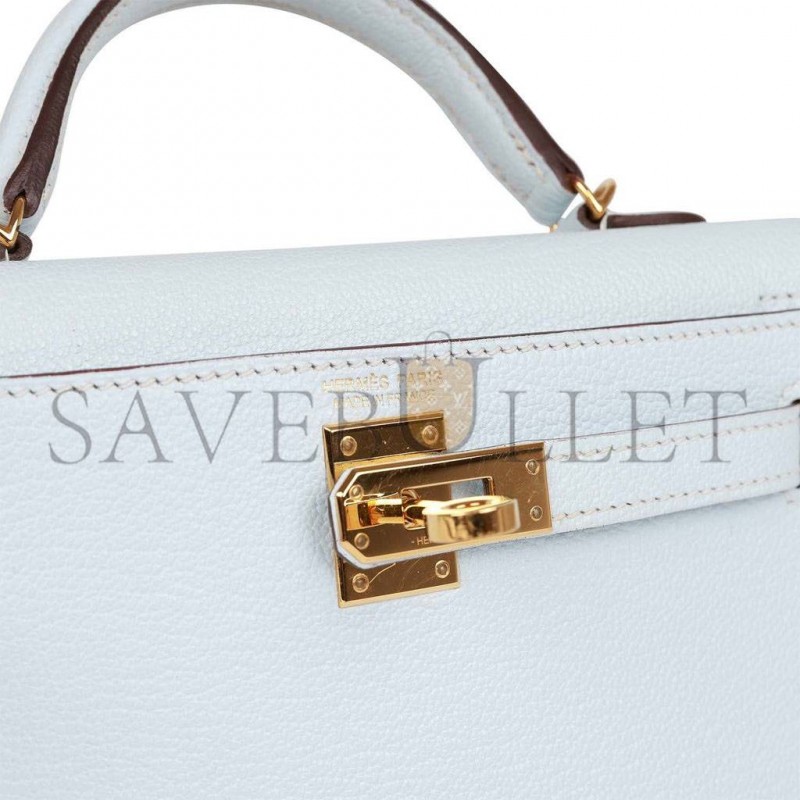 HERMES MINI HERMES KELLY SELLIER 20 BLEU BRUME CHEVRE GOLD HARDWARE (19*12*5.5cm)