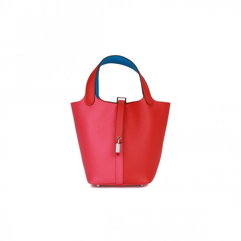 HERMES PICOTIN LOCK 18 CASAQUE ROUGE DE COEUR, ROSE EXTREME AND BLEU ZANZIBAR CLEMENCE PALLADIUM HARDWARE (18*13*18cm)