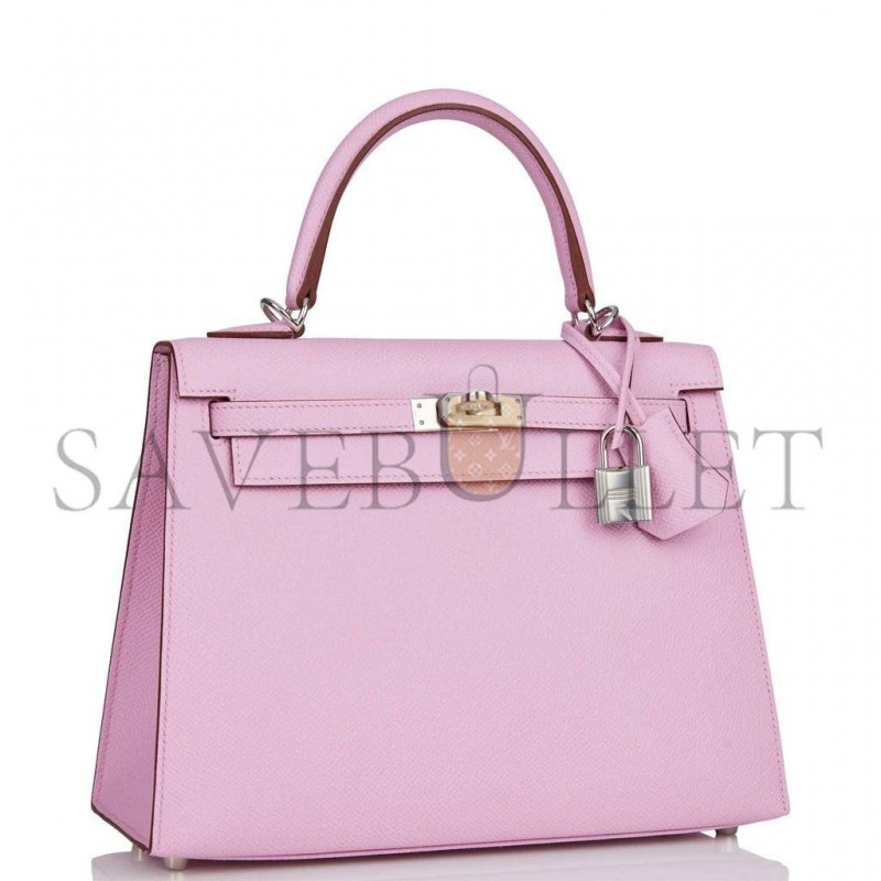 HERMES KELLY SELLIER 25 MAUVE SYLVESTRE EPSOM PALLADIUM HARDWARE   (25*17*7cm)