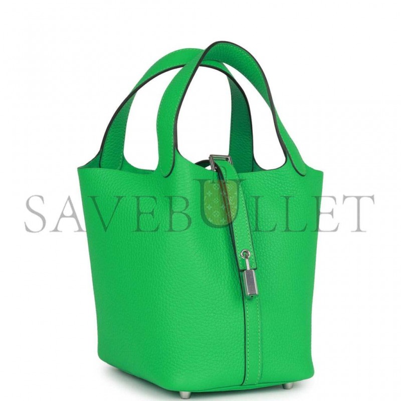 HERMES PICOTIN LOCK 18 VERT COMICS CLEMENCE PALLADIUM HARDWARE (18*13*18cm)