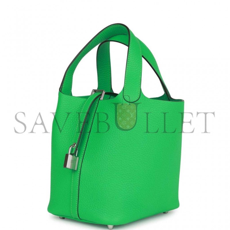 HERMES PICOTIN LOCK 18 VERT COMICS CLEMENCE PALLADIUM HARDWARE (18*13*18cm)