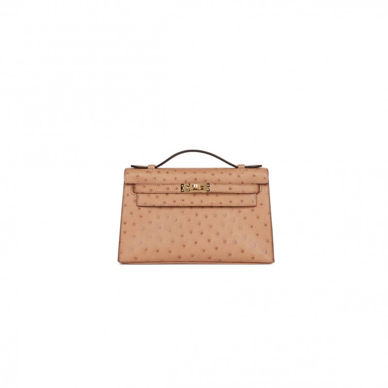 HERMES MASTER KELLY POCHETTE CHAI OSTRICH GOLD HARDWARE (22*12*13cm) HERMES MASTER KELLY POCHETTE CHAI OSTRICH GOLD HARDWARE (22*12*13cm)