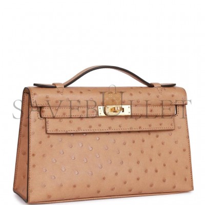 HERMES MASTER KELLY POCHETTE CHAI OSTRICH GOLD HARDWARE (22*12*13cm) HERMES MASTER KELLY POCHETTE CHAI OSTRICH GOLD HARDWARE (22*12*13cm)