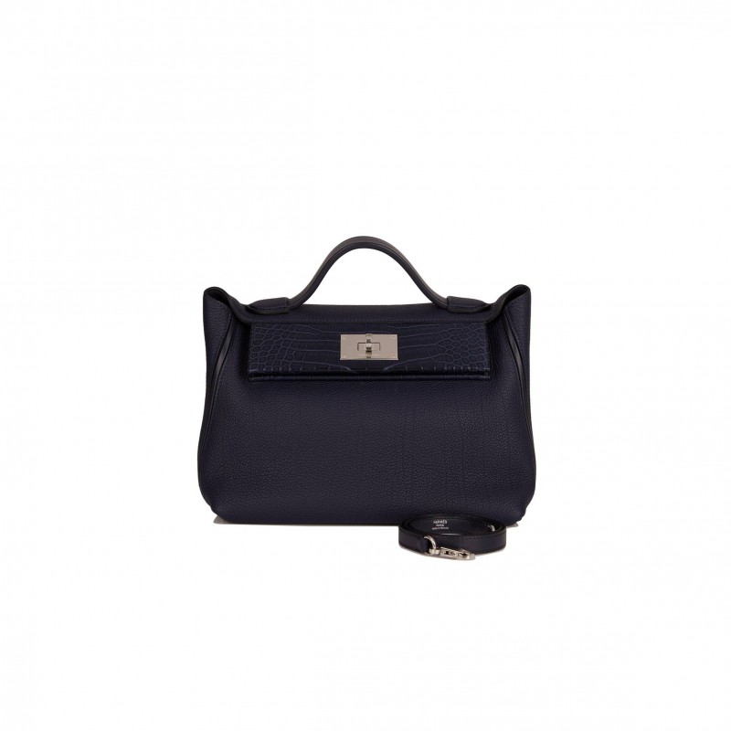 HERMES 2424 BAG 29 BLEU NUIT ALLIGATOR AND TOGO TOUCH PALLADIUM HARDWARE (29*24*15cm)