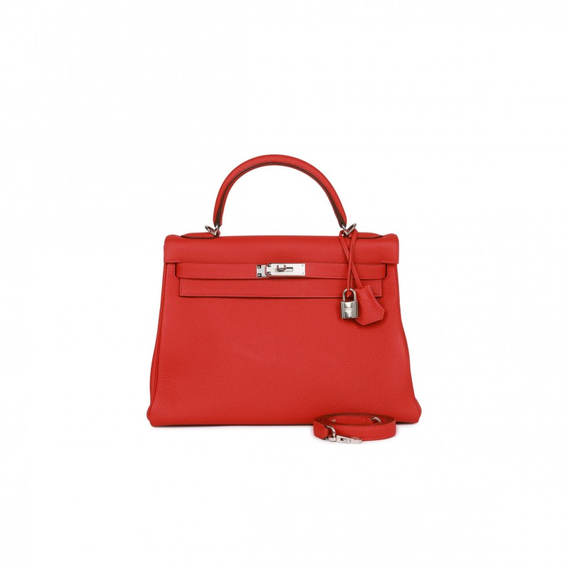 HERMES KELLY RETOURNE 32 GERANIUM TOGO PALLADIUM HARDWARE (32*23*10.5cm)