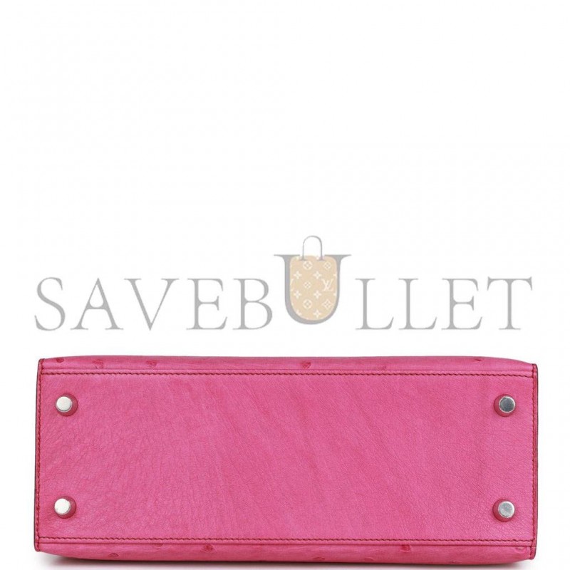 HERMES KELLY SELLIER 25 FUCHSIA OSTRICH PALLADIUM HARDWARE (25*17*7cm)